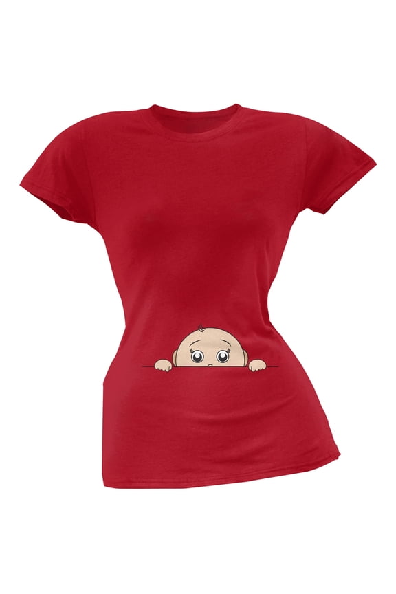 Peeking Baby Boy Red Soft Juniors T-Shirt - Medium