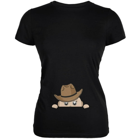 Peeking Baby Cowboy Black Juniors Soft T-Shirt - Medium
