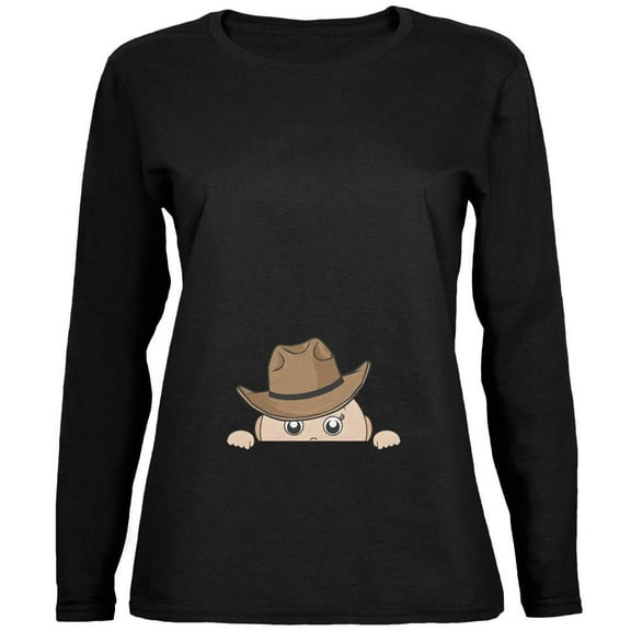 Peeking Baby Cowboy Black Womens Long Sleeve T-Shirt - X-Large