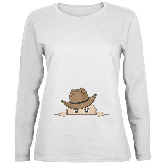 Peeking Baby Cowboy White Womens Long Sleeve T-Shirt - Small