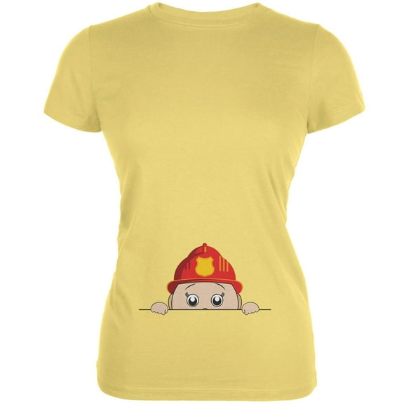 Peeking Baby Fireman Yellow Juniors Soft T-Shirt - X-Large