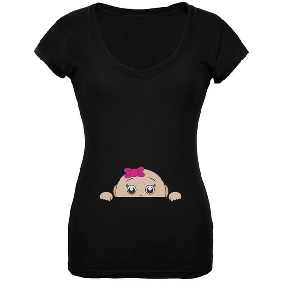 Peeking Baby Girl Black Juniors V-Neck T-Shirt - Small