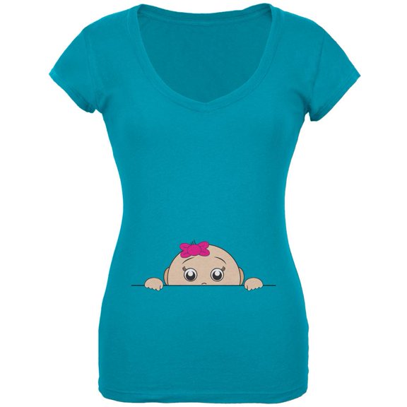 Peeking Baby Girl Turquoise Juniors V-Neck T-Shirt - Medium