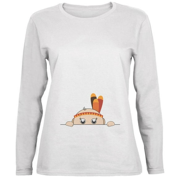 Peeking Baby Thanksgiving Indian White Womens Long Sleeve T-Shirt - Large