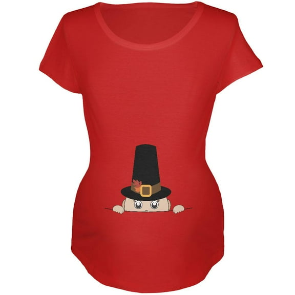Peeking Baby Thanksgiving Pilgrim Red Maternity Soft T-Shirt - 2X-Large