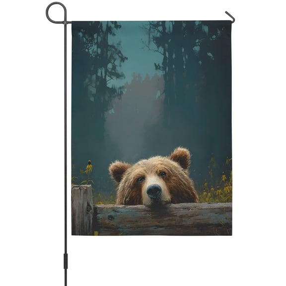 Peeking Bear Garden Flag 12 x 18 Inches, Pine Tree Cute Animal Woodland Weather Proof Outdoor Patio Flags Double Sided Small Garden Decoration for Yard Outside Home