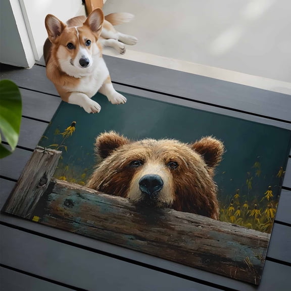 Peeking Bear Washable Entry Rug 2x3 Pine Tree Cute Animal Woodland Low Pile Indoor Door Mat with Rubber Backing Thin Area Rug for for Entrance, Bedroom, Kitchen, Laundry, Bathroom