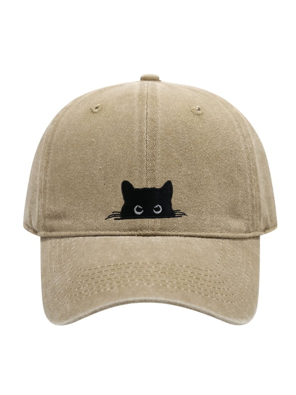 Peeking Black Cat Embroidered Washed Baseball Cap, Adjustable Low Profile Adult Dad Hat, Vintage Cotton Casual Outdoor Fashion Hat