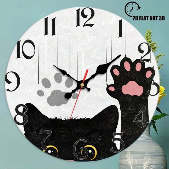 Peeking Black Cat Paw Round Wall Clock, Silent Non-Ticking Funny Kitty Clock, Cute Cat Lover Decor for Living Room Bedroom Kitchen Home