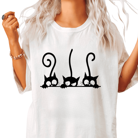Peeking Black Cat Trio Silhouette Graphic Short Sleeve T-Shirt Crewneck White Tops