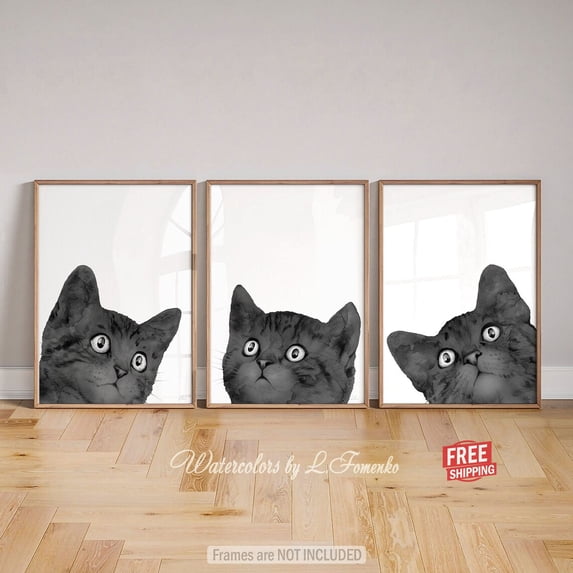 Peeking Black Cat Wall Art Print, Cute Black And White Pet Decor ...
