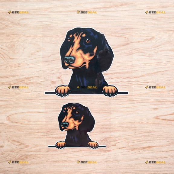 Peeking Black Dachshund Dog Car Rear Windshield Window Vinyl Decal Sticker - 2 Pack Glossy, 5 Inches, 7 Inches - White Background