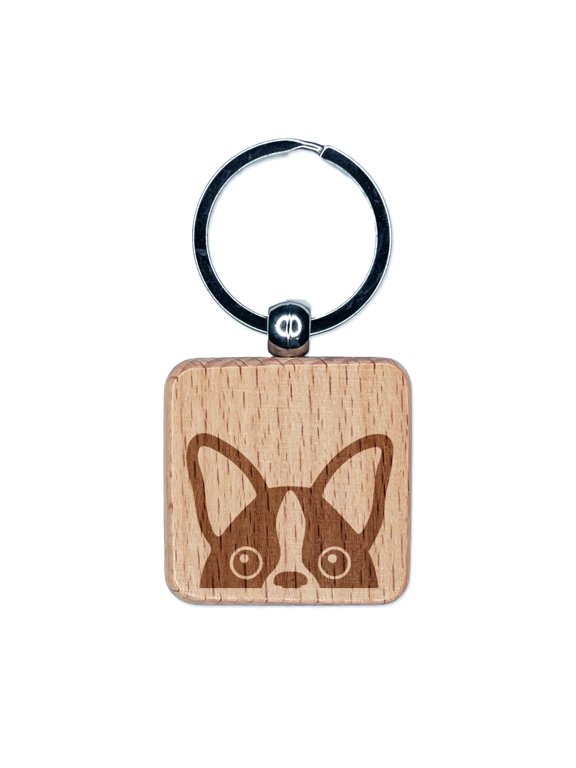Peeking Boston Terrier Dog Square Keychain Charm Tag - Engraved Wood