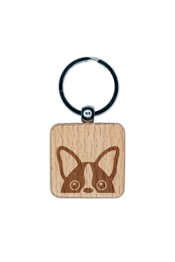 Peeking Boston Terrier Dog Square Keychain Charm Tag - Engraved Wood