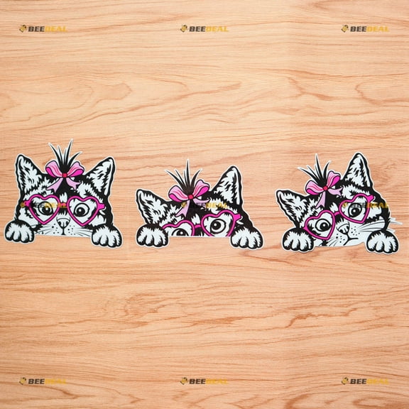 Peeking Cat Face with Pink Ribbon Heart Glasses Black Car Rear Windshield Window Vinyl Decal Sticker - Set of 3 Reflective, 5 Inches - White Background
