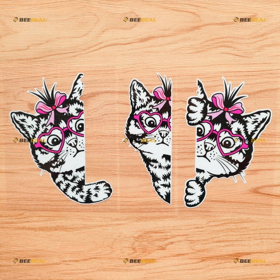 Peeking Cat Face with Pink Ribbon Heart Glasses Black Side Car Rear Windshield Window Vinyl Decal Sticker - Set of 3 Reflective, 5 Inches - White Background