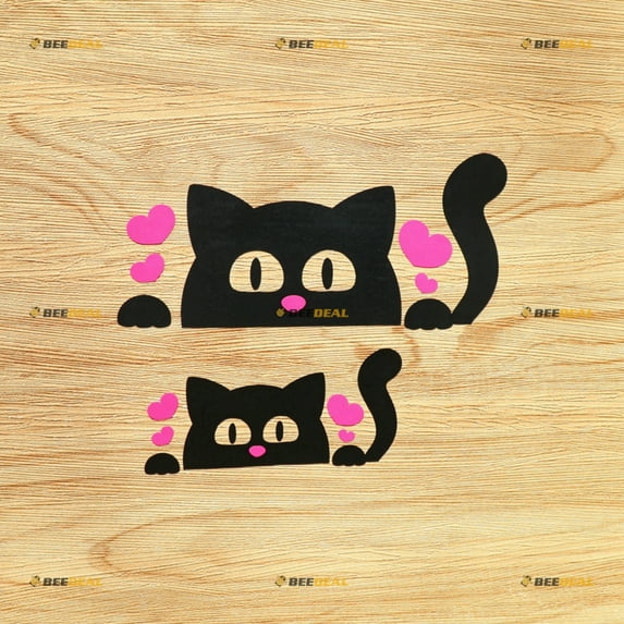 Peeking Cat Heart Tail Car Rear Windshield Window Vinyl Decal Sticker - 2 Pack Black + Hot Pink, 4 Inches, 6 Inches - No Background