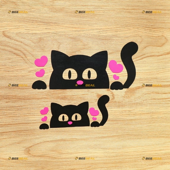 Peeking Cat Heart Tail Car Rear Windshield Window Vinyl Decal Sticker - 2 Pack Black + Hot Pink, 4 Inches, 6 Inches - No Background