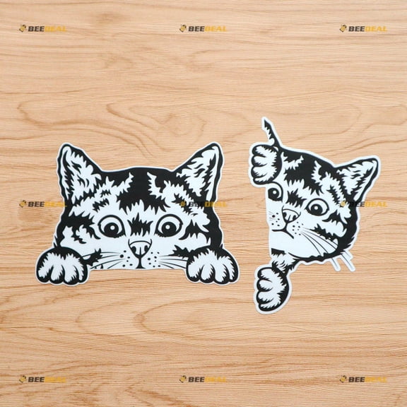 Peeking Cat with Cute Face Black Car Rear Windshield Window Vinyl Decal Sticker - Set of 2 Reflective, 6 Inches - White Background