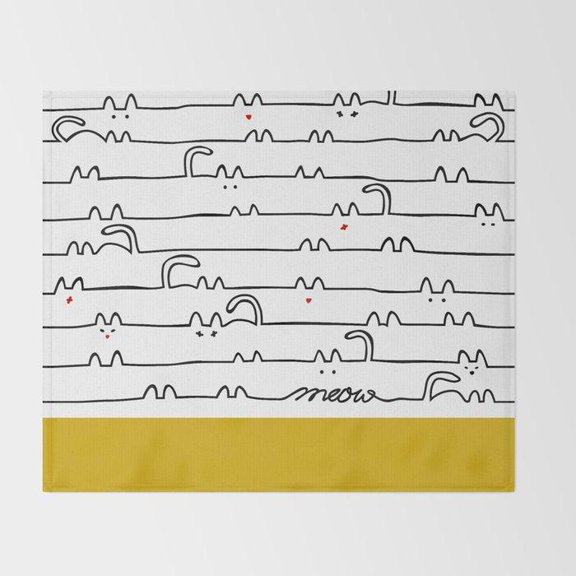 Peeking Cats and Meow White, Black and Mustard Fleece Blanket, Polyester Fleece Fabric, 280 GSM, Whimsical Style