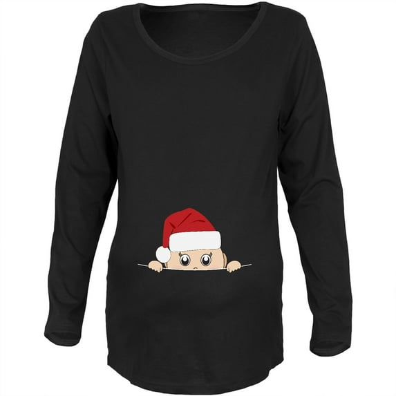 Peeking Christmas Santa Hat Baby Black Womens Soft Maternity Long Sleeve T-Shirt - 2X-Large