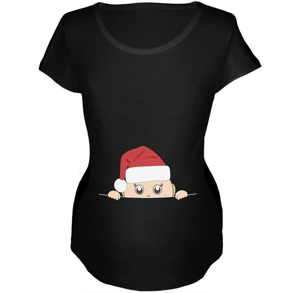 Peeking Christmas Santa Hat Baby Black Womens Soft Maternity T-Shirt - Small