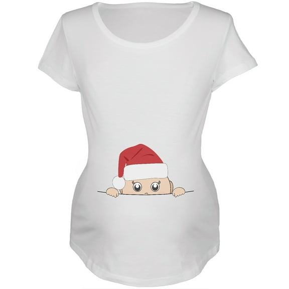 Peeking Christmas Santa Hat Baby White Womens Soft Maternity T-Shirt - Small