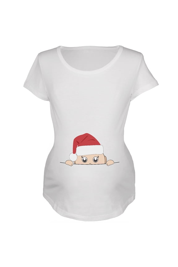 Peeking Christmas Santa Hat Baby White Womens Soft Maternity T-Shirt - Small
