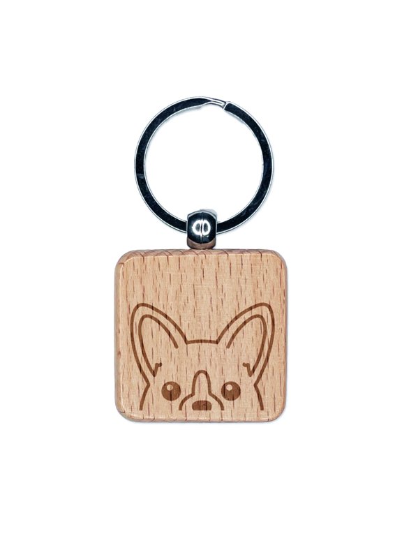 Peeking Corgi Dog Square Keychain Charm Tag - Engraved Wood