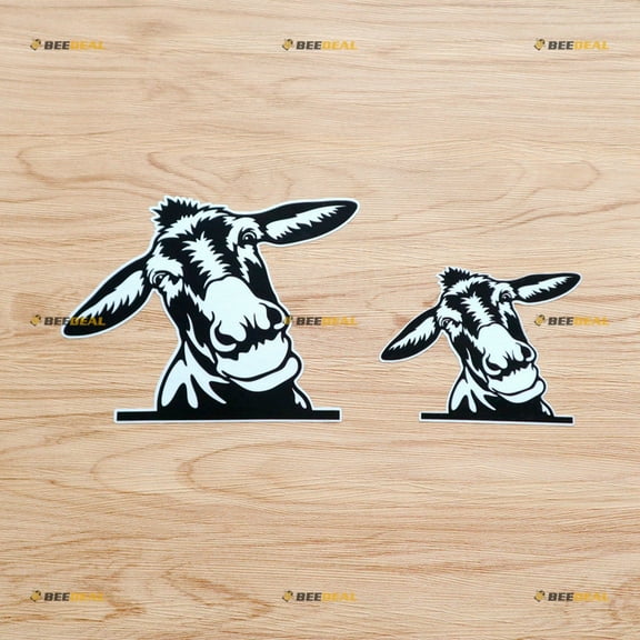 Peeking Donkey Tilted Head Farm Animals Car Truck Rear Windshield Sticker Decal Vinyl - 2 Pack Reflective, 4 Inches, 6 Inches White Background