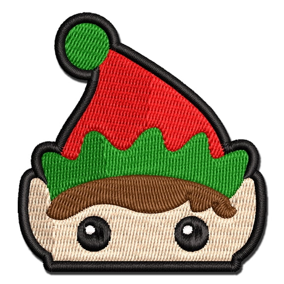 Peeking Elf Christmas Applique Multi-Color Embroidered Iron-On Patch - 2.0 Inch Mini