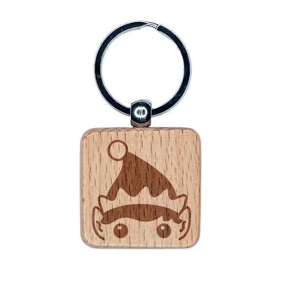 Peeking Elf Christmas Square Keychain Charm Tag - Engraved Wood