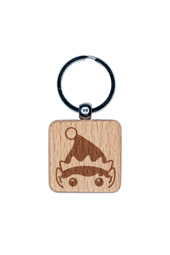 Peeking Elf Christmas Square Keychain Charm Tag - Engraved Wood