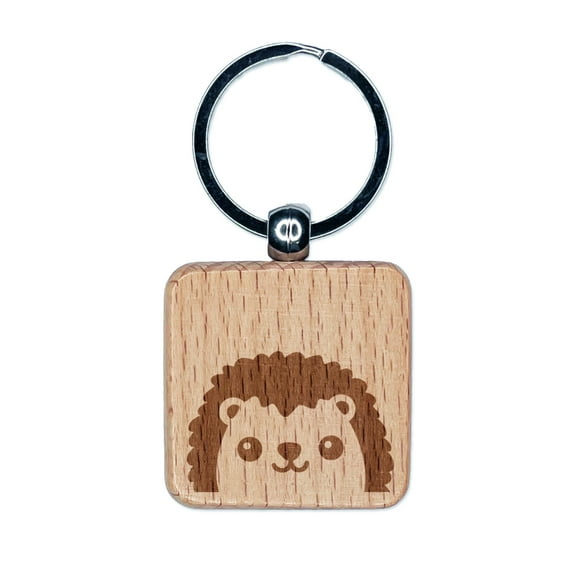 Peeking Hedgehog Square Keychain Charm Tag - Engraved Wood