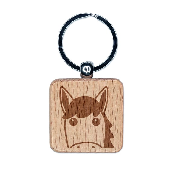 Peeking Horse Square Keychain Charm Tag - Engraved Wood