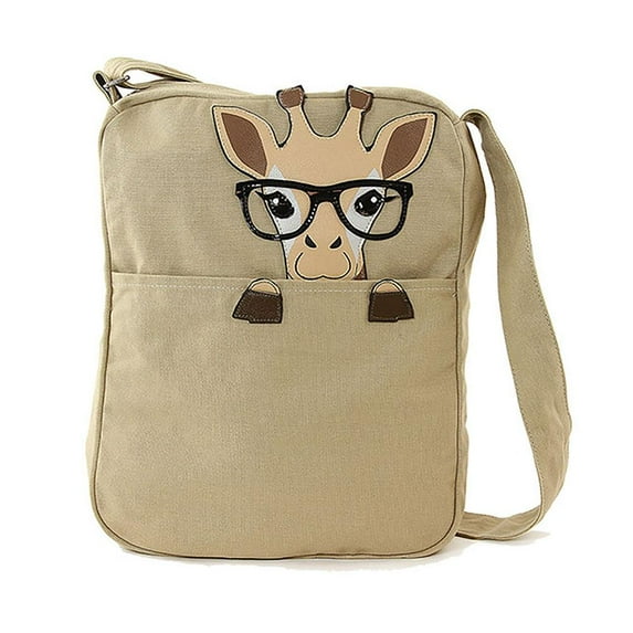Peeking Nerdy Giraffe Canvas Beige Messenger Book Bag -