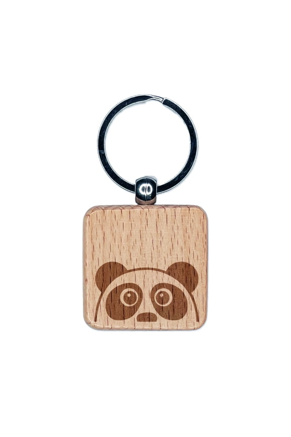 Peeking Panda Square Keychain Charm Tag - Engraved Wood