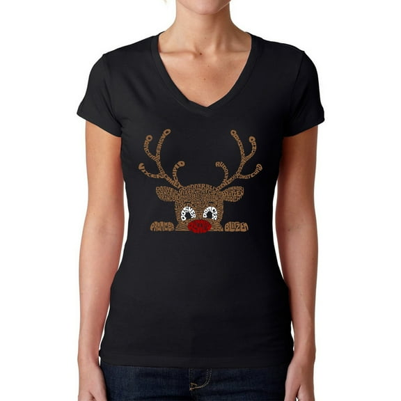 Peeking Reindeer - Women's Word Art V-Neck T-Shirt