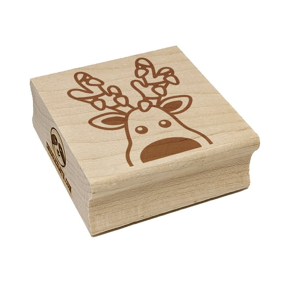 Peeking Reindeer with Lights Christmas Square Rubber Stamp Stamping Scrapbooking Crafting - Medium 1.75in