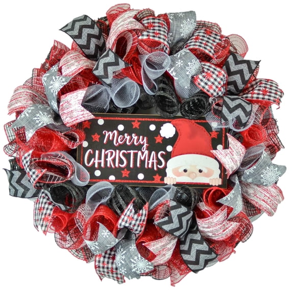 Peeking Santa Claus Wreath - Christmas Mesh Outdoor Front Door Wreath; White Red Emerald Lime Green