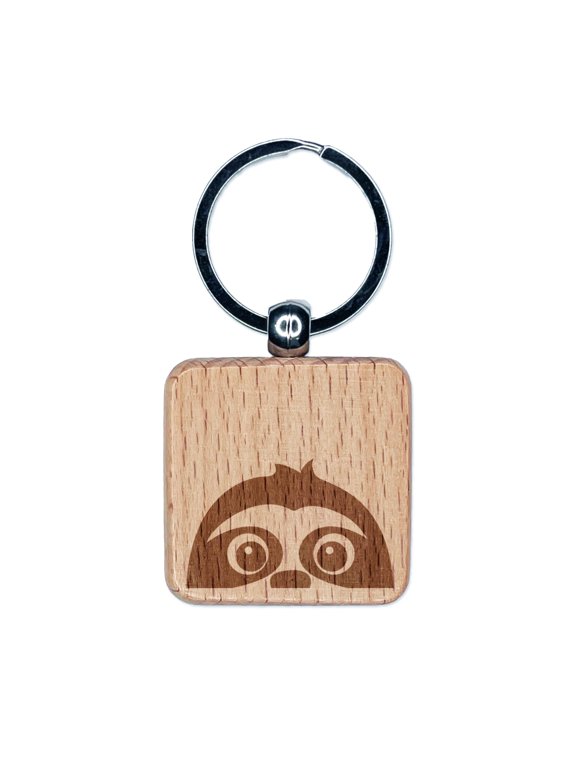 Peeking Sloth Square Keychain Charm Tag - Engraved Wood
