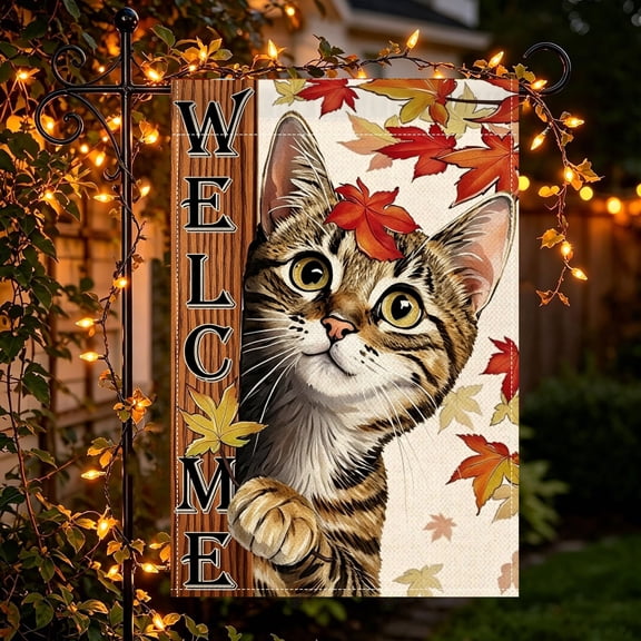 Peeking Tabby Cat Red Maple Welcome Fall Garden Flag, Yard Lawn Gift for Cat Lovers, Thanksgiving Christmas Gift