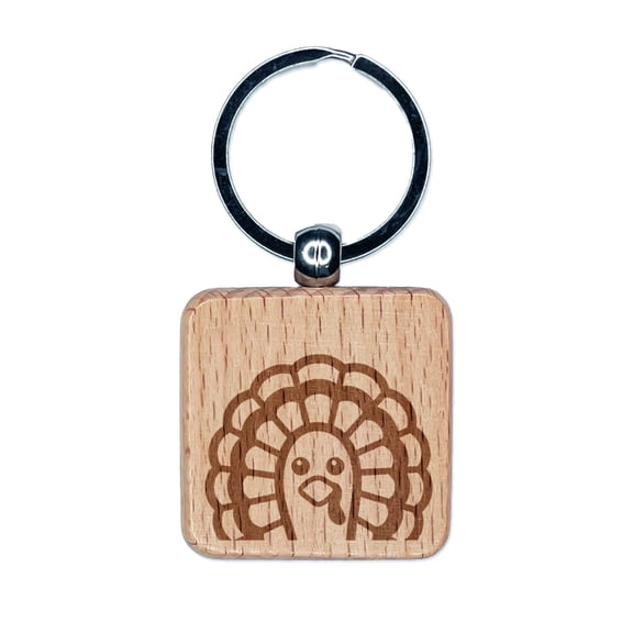 Peeking Turkey Thanksgiving Square Keychain Charm Tag - Engraved Wood