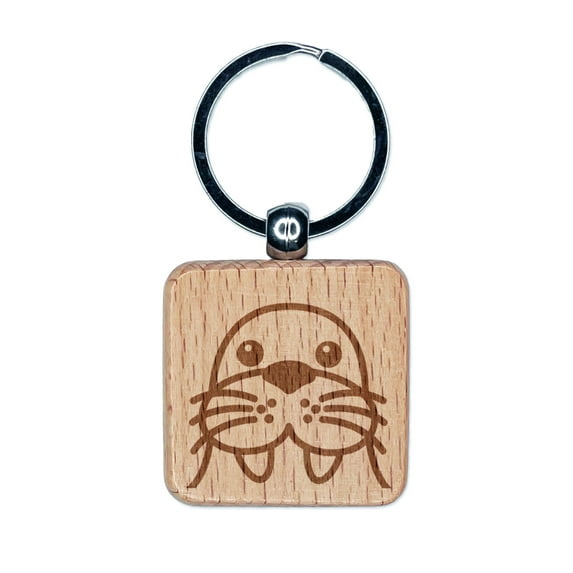 Peeking Walrus Square Keychain Charm Tag - Engraved Wood