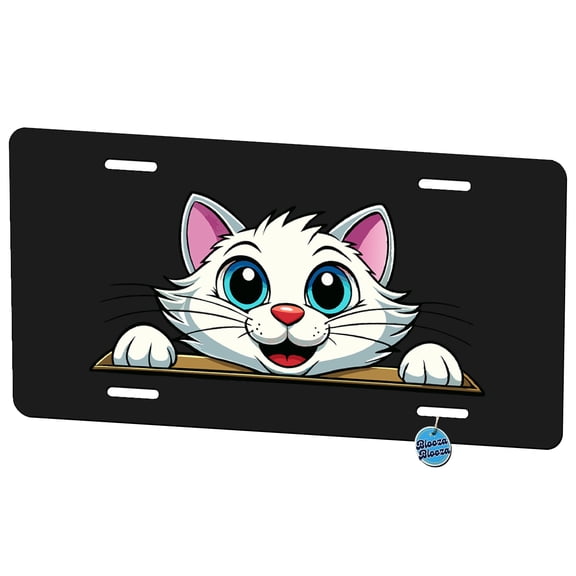Peeking White Cat Metal Novelty License Plate