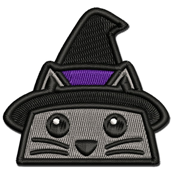 Peeking Witch Cat Halloween Applique Multi-Color Embroidered Iron-On Patch - 2.0 Inch Mini