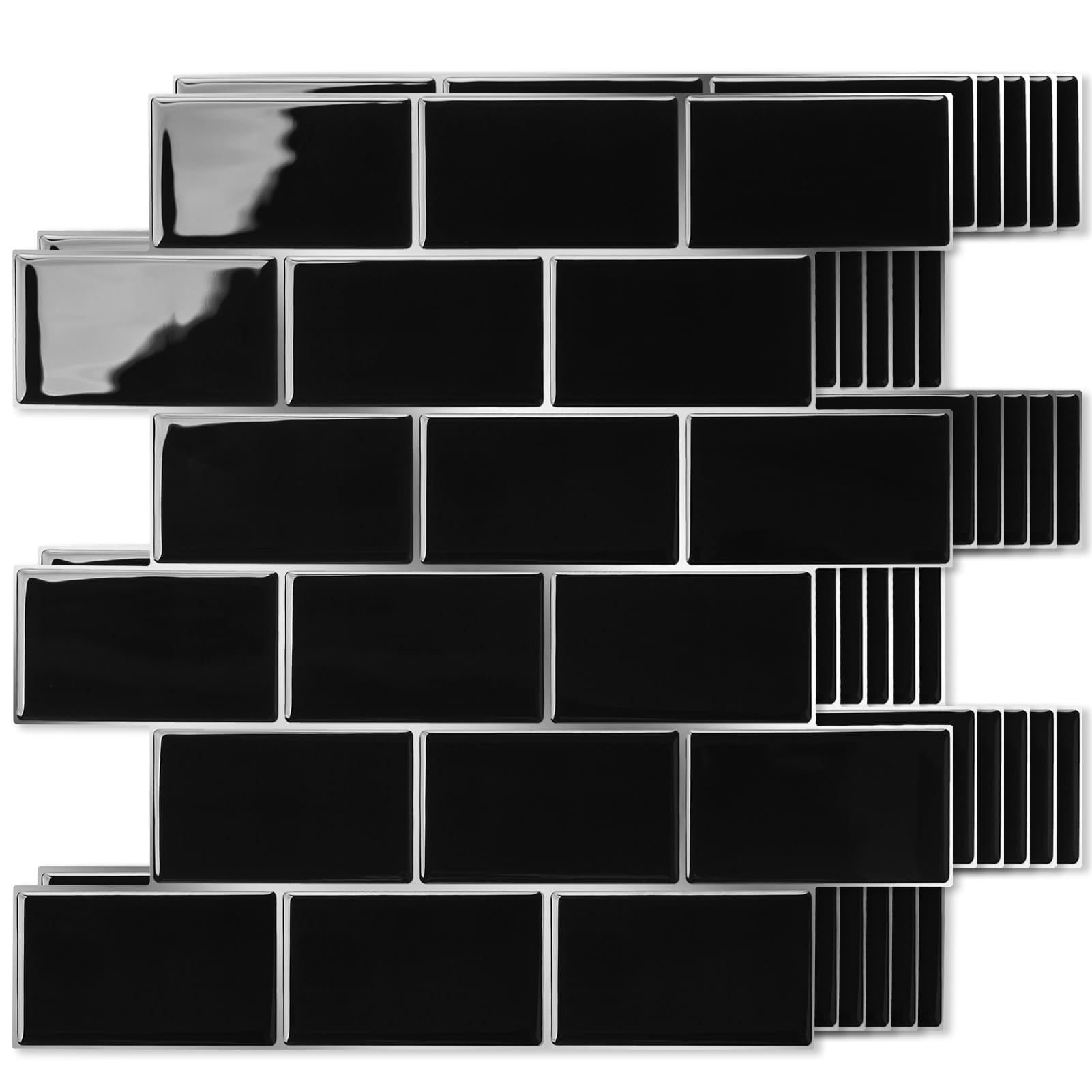 Peel And Stick Black With Grout Wall Tiles - 10-pack Of 12 X12 Thickened Design Backsplash  Self-adhesive Tile For Kitchen & Bathroom Decor