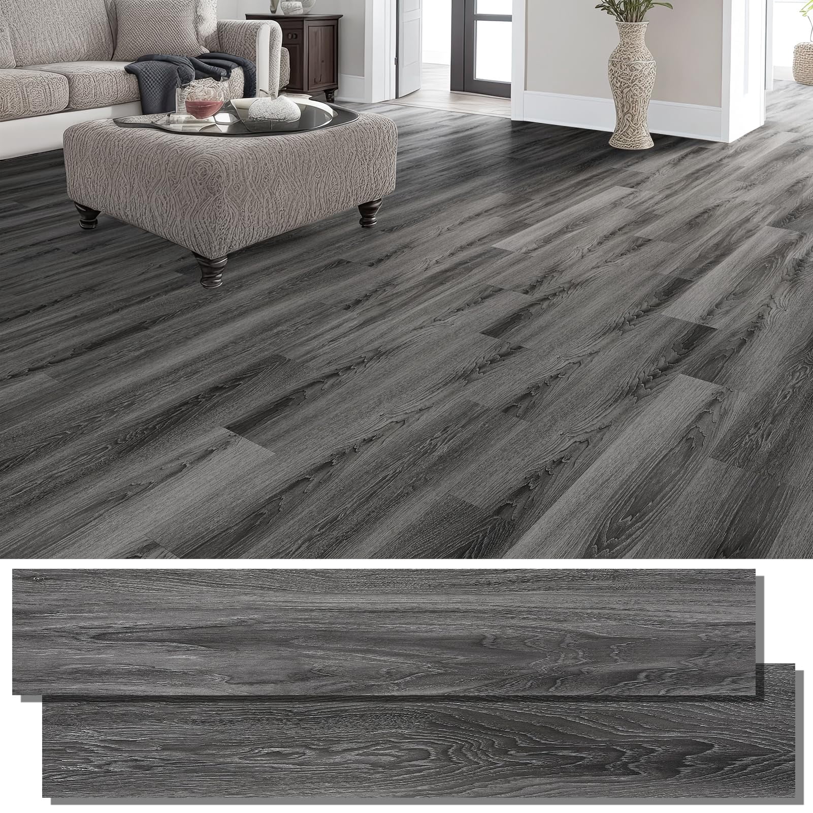 Peel And Stick Floor Tile Vinyl Flooring  Waterproof Plank 36-pack 54 Sq.ft Wood Grain Self Adhesive For Bedroom Living Room Kitchen Rv(deep Gray)