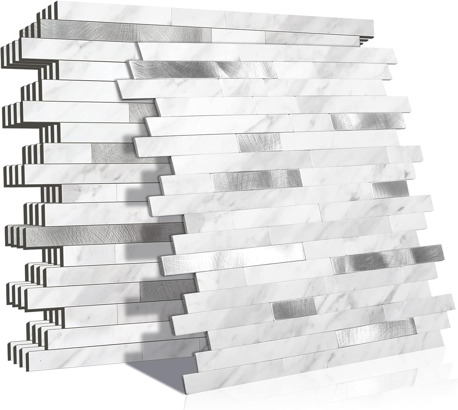Peel And Stick Marble Backsplash Tile  10 Sheets White With Embellished Stripes Self-adhesive Wall For Kitchen Bathroom Fireplace Rv (11.4" X 10.6")