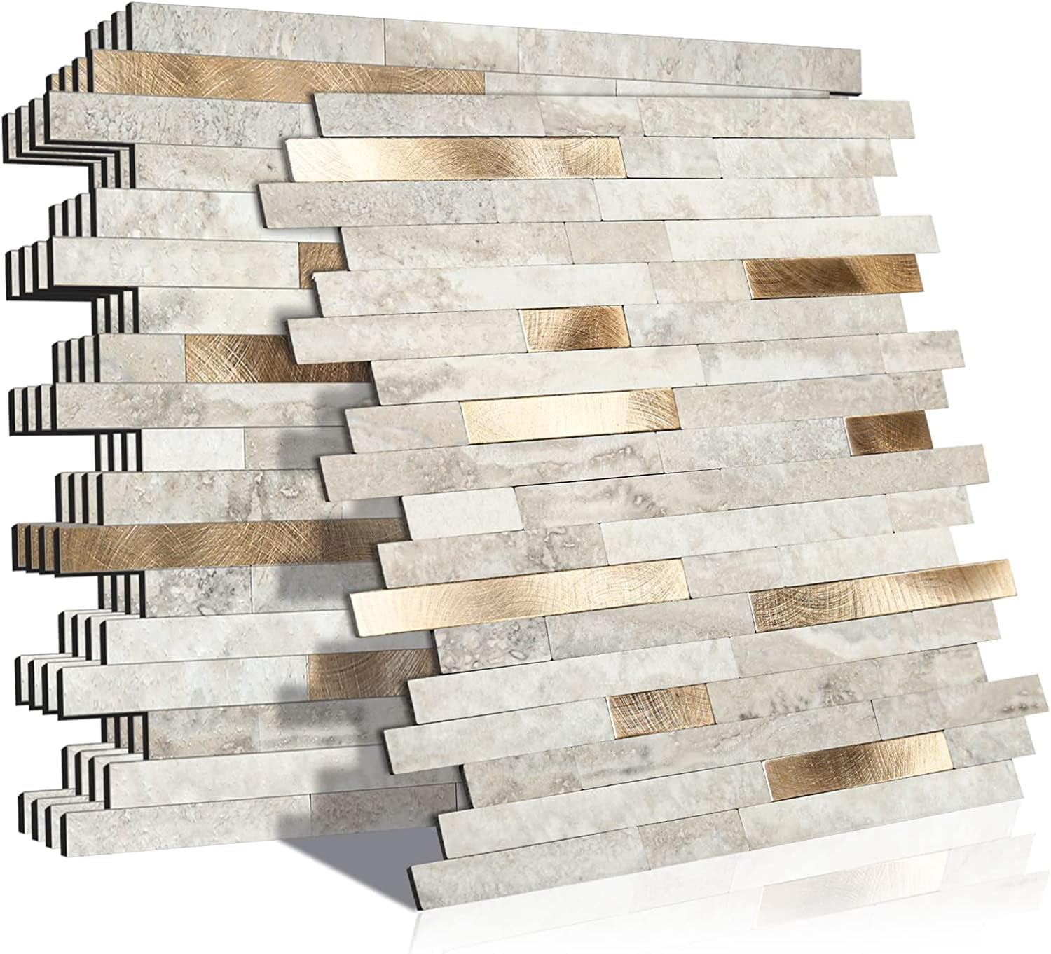 Peel And Stick Marble Tiles  Self-adhesive Aluminum Wall Tile On Bathroom Fireplace Rv Beige With Vintage Golden Embellished Stripes 10-sheet